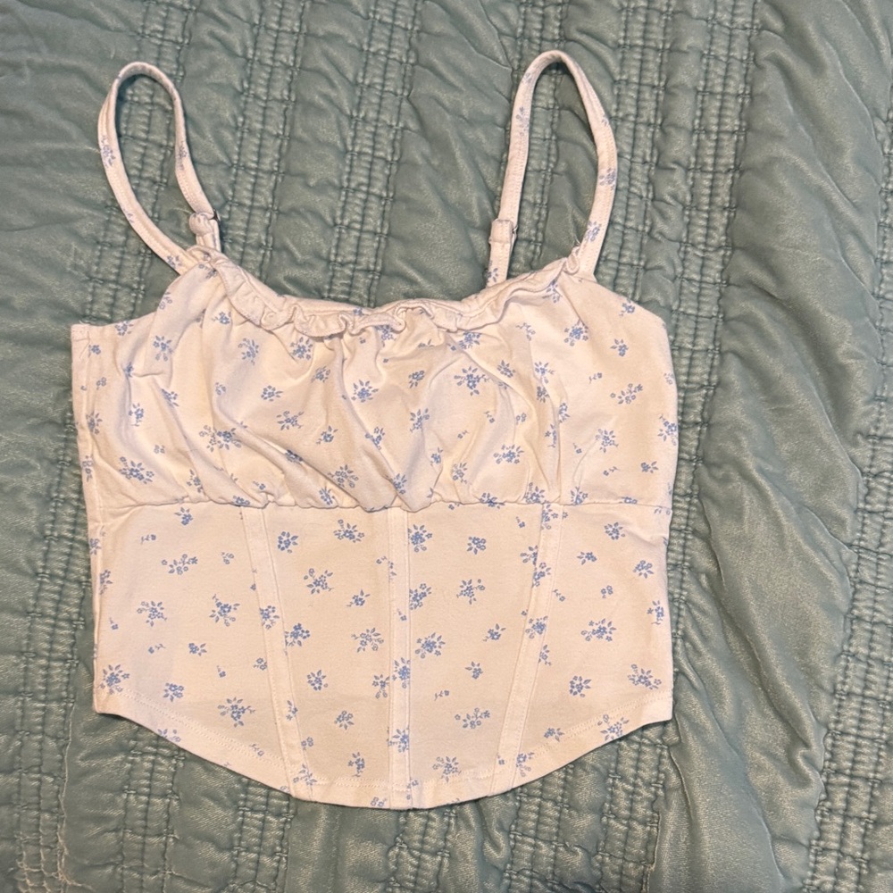 Hollister Floral Print Cami Tank Top size XS White Blue Flowers